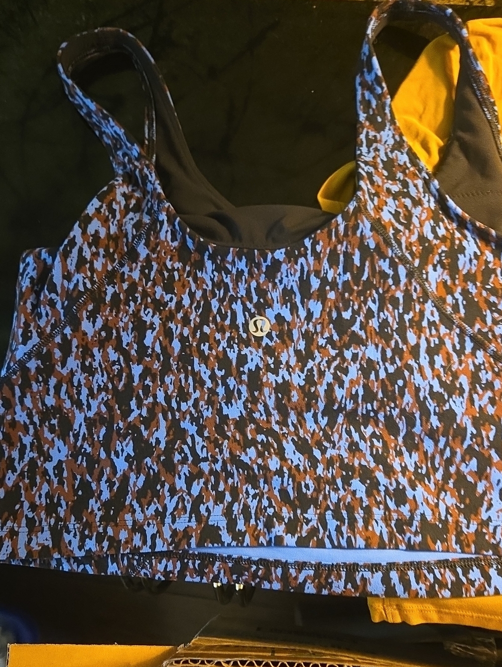 lululemon athletica Blue and Brown Printed Racerback Sports Bra Top &A Crew Neck